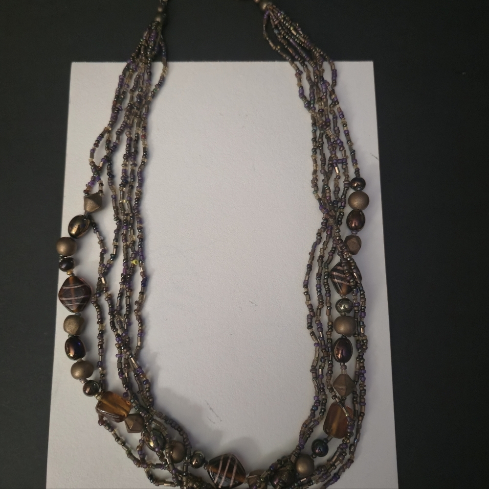Vintage Boho Handblown and Seed Bead Neutral Colors Multi Strand Necklace